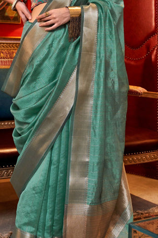 Teal Blue Chiffon Handloom Weaving Saree_Kumari Sarees