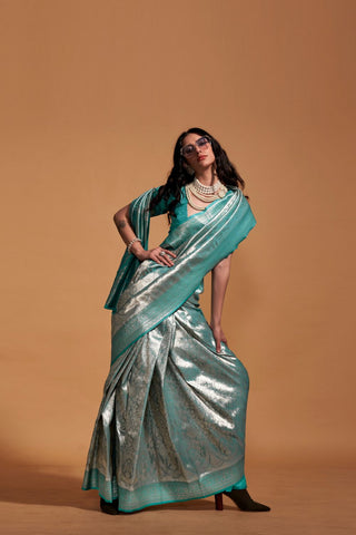 TEAL BLUE HANDWOVEN KANJIVARAM SILK SAREE