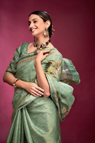 Teal Blue Tussar Saree with Hand based Work