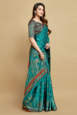 Teal Blue Jacquard Printed Saree