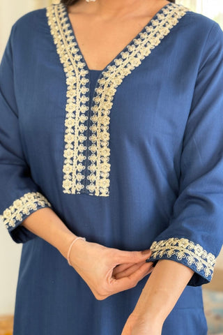 Teal Blue Blue Viscose Slub Embroidery Kurta Set_Kumari Sarees