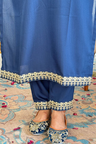 Teal Blue Blue Viscose Slub Embroidery Kurta Set_Kumari Sarees