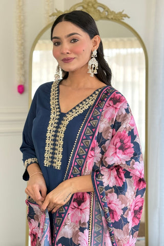Teal Blue Blue Viscose Slub Embroidery Kurta Set_Kumari Sarees