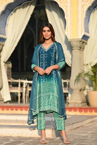 Teal Blue Soft Chinnor Silk Embroidered Kurta Set_Kumari Sarees