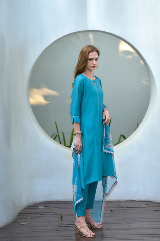Teal Blue Vatican Organza With Embroidery Kurta Set_Kumari Sarees