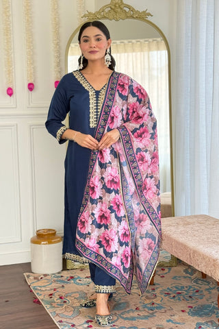 Teal Blue Blue Viscose Slub Embroidery Kurta Set_Kumari Sarees