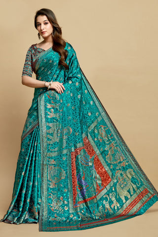 Teal Blue Jacquard Printed Saree