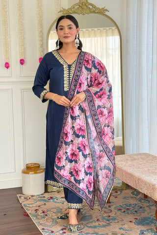 Teal Blue Blue Viscose Slub Embroidery Kurta Set_Kumari Sarees