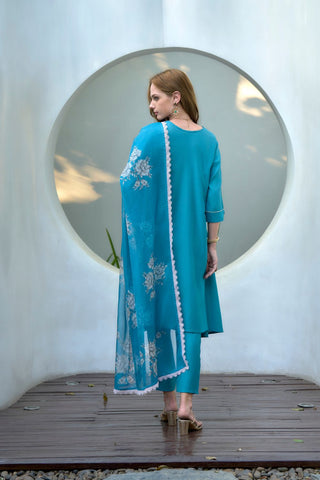 Teal Blue Vatican Organza With Embroidery Kurta Set_Kumari Sarees