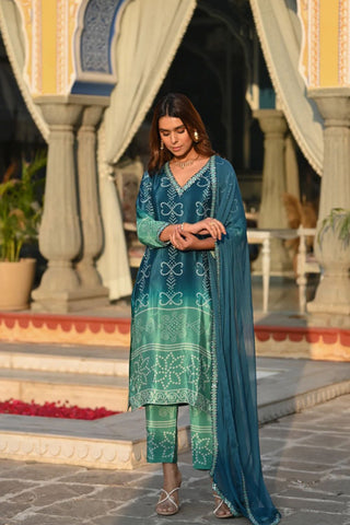 Teal Blue Soft Chinnor Silk Embroidered Kurta Set_Kumari Sarees