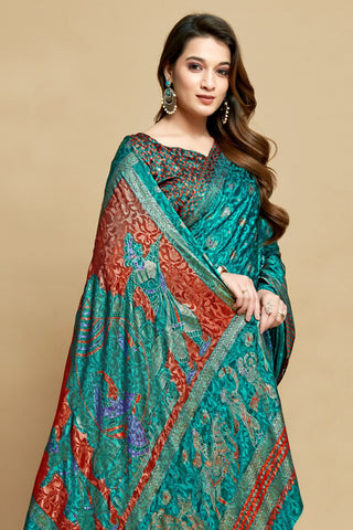 Teal Blue Jacquard Printed Saree