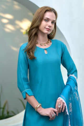 Teal Blue Vatican Organza With Embroidery Kurta Set_Kumari Sarees