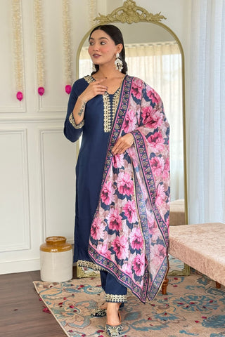 Teal Blue Blue Viscose Slub Embroidery Kurta Set_Kumari Sarees