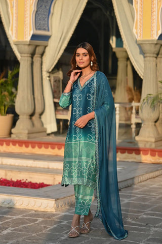 Teal Blue Soft Chinnor Silk Embroidered Kurta Set_Kumari Sarees