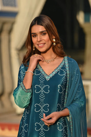 Teal Blue Soft Chinnor Silk Embroidered Kurta Set_Kumari Sarees