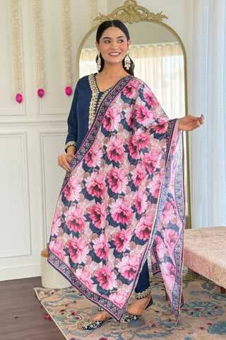 Teal Blue Blue Viscose Slub Embroidery Kurta Set_Kumari Sarees
