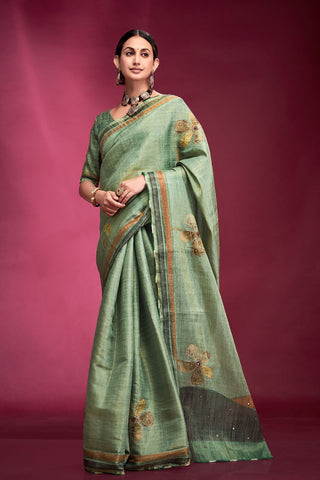 Teal Blue Tussar Saree with Hand based Work