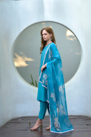 Teal Blue Vatican Organza With Embroidery Kurta Set_Kumari Sarees