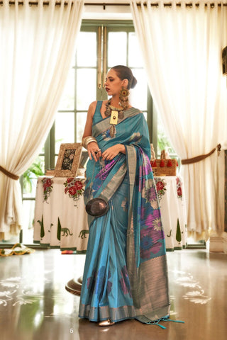 Teal Blue Handloom Weaving Silk Zari Saree