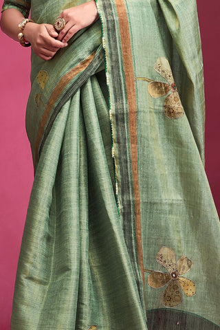 Teal Blue Tussar Saree with Hand based Work