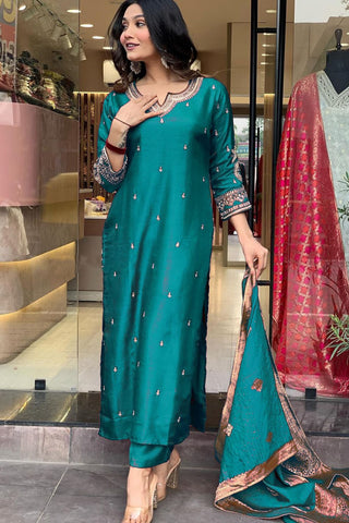 Teal Blue Georgette Weightless Digital Printed Kurta Pant With Dupatta_Kumari Sarees