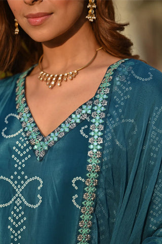 Teal Blue Soft Chinnor Silk Embroidered Kurta Set_Kumari Sarees