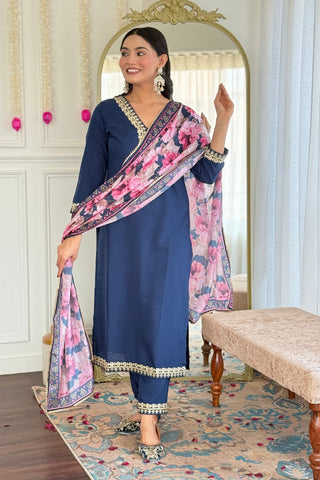 Teal Blue Blue Viscose Slub Embroidery Kurta Set_Kumari Sarees