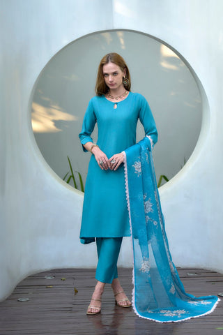 Teal Blue Vatican Organza With Embroidery Kurta Set_Kumari Sarees