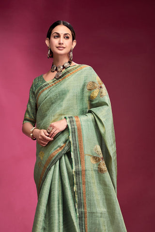 Teal Blue Tussar Saree with Hand based Work