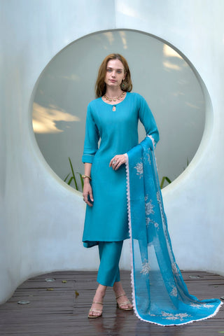 Teal Blue Vatican Organza With Embroidery Kurta Set_Kumari Sarees