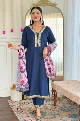 Teal Blue Blue Viscose Slub Embroidery Kurta Set_Kumari Sarees
