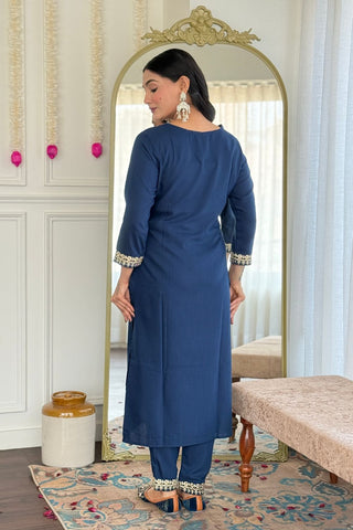 Teal Blue Blue Viscose Slub Embroidery Kurta Set_Kumari Sarees
