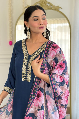 Teal Blue Blue Viscose Slub Embroidery Kurta Set_Kumari Sarees