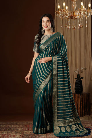 Teal Green Pure Georgette with Gold Zari Work_Kumari Sarees