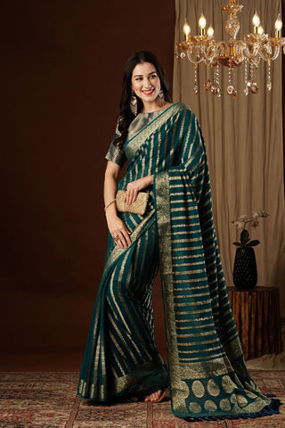 Teal Green Pure Georgette with Gold Zari Work_Kumari Sarees