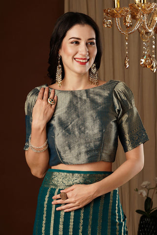 Teal Green Pure Georgette with Gold Zari Work_Kumari Sarees