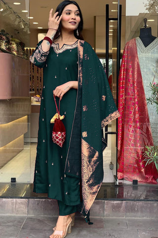 Teal Green Georgette Weightless Digital Printed Kurta Pant With Dupatta_Kumari Sarees