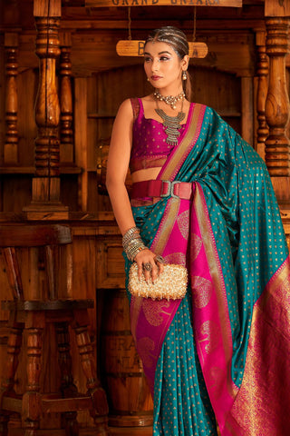 Teal Blue Soft Banarasi Paithani Saree