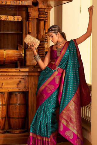 Teal Blue Soft Banarasi Paithani Saree