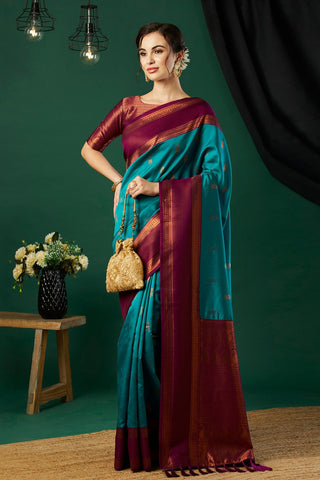 Teal Blue and Gold-Toned Banarasi Silk Saree