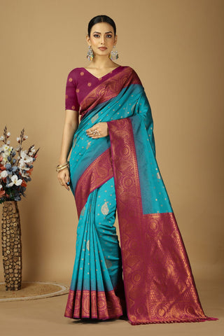 Turquoise Blue kanjeevaram Silk Saree_Kumari Sarees