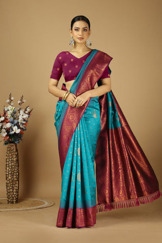 Turquoise Blue kanjeevaram Silk Saree_Kumari Sarees