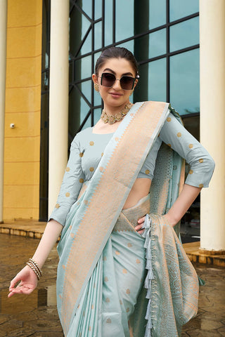 Turquoise Blue Nylon Satin Weaving Jacquard Saree_Kumari Sarees