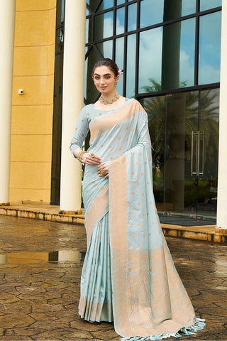 Turquoise Blue Nylon Satin Weaving Jacquard Saree_Kumari Sarees