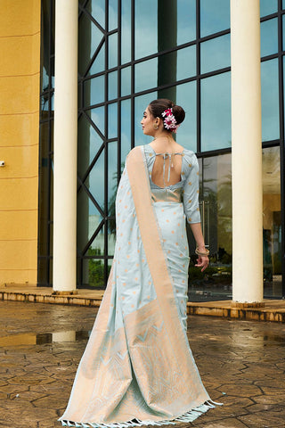 Turquoise Blue Nylon Satin Weaving Jacquard Saree_Kumari Sarees