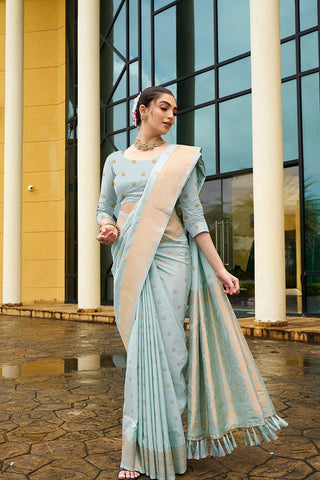Turquoise Blue Nylon Satin Weaving Jacquard Saree_Kumari Sarees