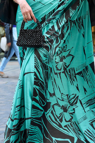 Blue & Black Japan Satin Print Saree