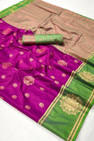 Dark Pink & Grey Two Tone Contrast Katan Silk- Handloom Weaving Saree