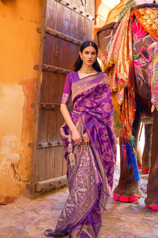 Purple Sequins Handloom Weaving Saree