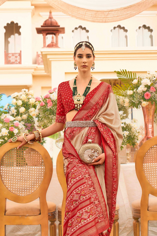 Beige & Red Banarasi Patola Silk Saree